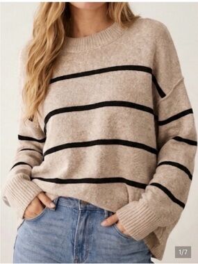 aerie Beige and Black Striped Crewneck Sweater